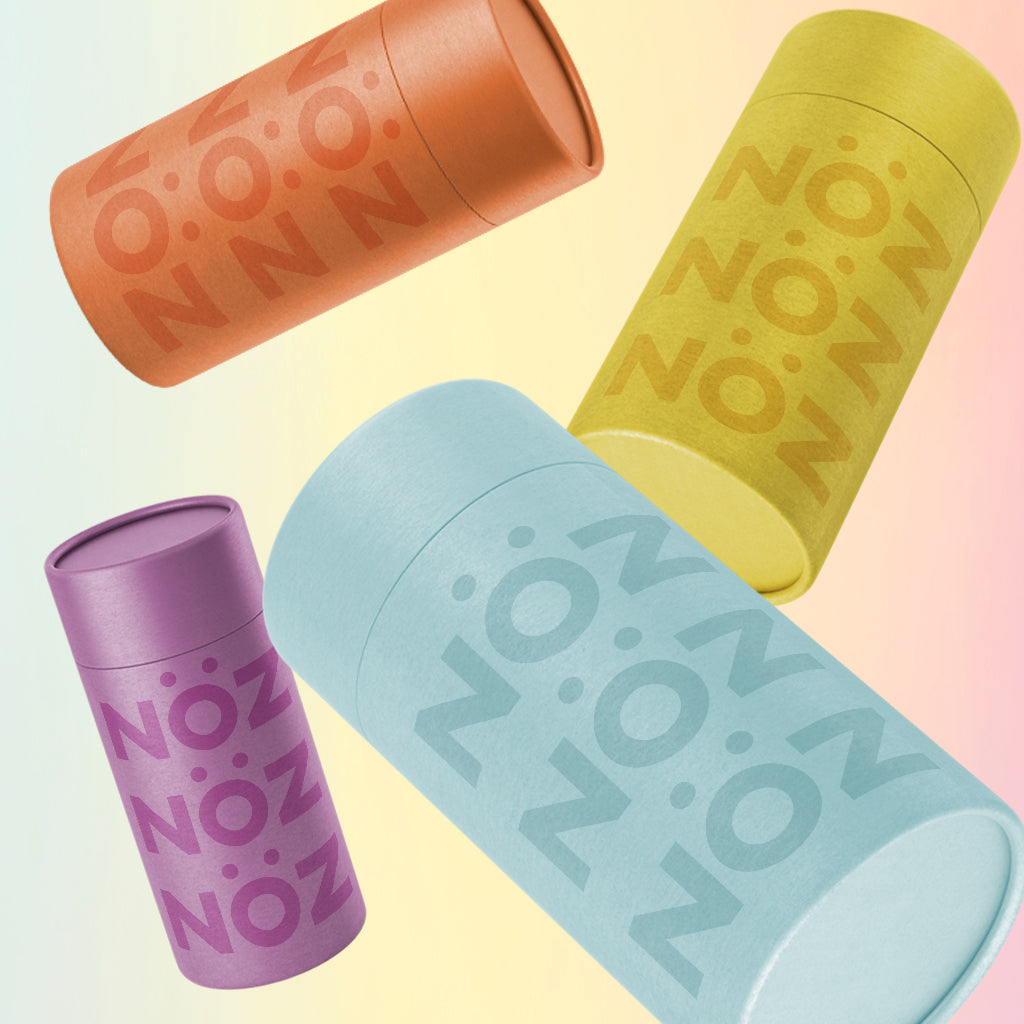 Noz's sunscreen offered in 4 neon colors blue, yellow, orange, and purple in a playful tone.